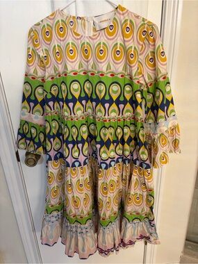 LA Double J Geometric Pattern 100% Cotton Greens Tiered dress PreOwned Size Smal